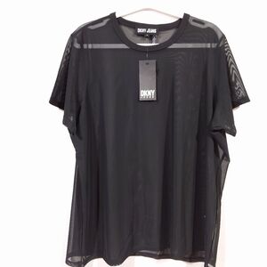 DKNY Jeans 1X Black Sheer Mesh Top NWT Short Sleeve Stretch